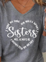 Women's V Neck T-Shirt Sister Text Letters Regular Fit Tops