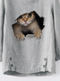 Crew Neck Casual Cotton And Linen Cat Top