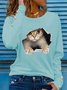 Casual Cat Crew Neck Buttoned T-Shirt
