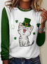 Women's Funny Cat Four-Leaf Clover Crew Neck Simple Regular Fit Shirt