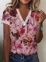 Women's Boho T-Shirt Floral Knitted Casual V-Neck Tops White Blue Pink Green