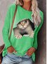 Casual Cute Cat Pattern Crew Neck Shift Long Sleeve Shirt & Top