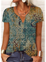 Women's V Neck T-Shirts Ethnic Loose Casual Tops Green