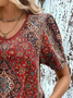 Casual Loose V Neck Ethnic T-Shirt