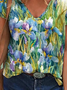 Watercolor Iris Print V Neck Casual Loose T-Shirt