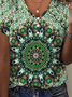 Women's Casual T-Shirt V Neck Loose Ethnic Summer Top Green