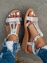 Women Rhinestone Floral Print Braided Ankle Strap Wedge Sandals