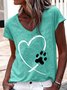 Women's Heart Dog Paw Print Casual V Neck T-Shirt