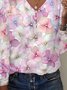 Floral Casual Buckle Long Sleeve Loose T-Shirt