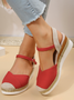 Linen-Panel Suede Straw Wedge Sandals