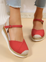 Linen-Panel Suede Straw Wedge Sandals
