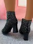 Fashion Black Rhinestone Side Zipper Spool Heel Party Boots