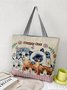 Casual Cartoon Cat Floral Shopping Tote with Zipper
