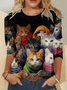 Casual Crew Neck Funny Cat Long Sleeve Shirt