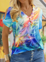 Women‘s V Neck  T-Shirt Loose Abstract Casual Short Sleeves 