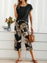 Loose Crew Neck Palm Leaf Casual Two-Piece Set