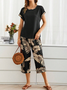 Loose Crew Neck Palm Leaf Casual Two-Piece Set