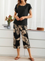 Loose Crew Neck Palm Leaf Casual Two-Piece Set