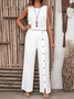 Women's Buckle Asymmetric Plain Daily Two-Piece Pants Set White Simple Summer Top With Pants