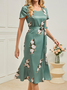 Crew Neck Elegant Cotton-Blend Floral Dress