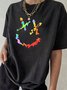 Graffiti Phiz Smile Printed Distressing Washed Cotton Short Sleeve T Shirt