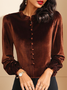 Women's Long Sleeve Blouse Spring/Fall Green Plain Buckle Velvet Lotus Leaf Collar Daily Going Out Casual Top