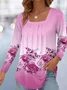 Women's Long Sleeve Blouse Spring/Fall Deep Pink Floral Square Neck Daily Going Out Casual Top