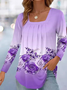 Women's Long Sleeve Blouse Spring/Fall Deep Pink Floral Square Neck Daily Going Out Casual Top