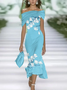 Women Floral Cold Shoulder Printing Vintage Summer Daily Maxi H-Line Dress