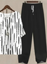 Women's Printing Striped Daily Going Out Two-Piece Set Black-white Casual Summer Top With Pants Matching Set