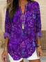 Women's Long Sleeve Blouse Spring/Fall Purple Floral Printing Cotton-Blend V Neck Daily Going Out Casual Top