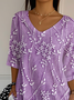 Women's Three Quarter Sleeve T-shirt Spring/Fall Purple Floral Printing V Neck Daily Going Out Casual Top