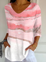 Women's Three Quarter Sleeve T-shirt Spring/Fall Pink Abstract Printing V Neck Daily Going Out Casual Top