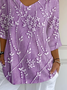 Women's Three Quarter Sleeve T-shirt Spring/Fall Purple Floral Printing V Neck Daily Going Out Casual Top