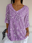 Women's Three Quarter Sleeve T-shirt Spring/Fall Purple Floral Printing V Neck Daily Going Out Casual Top