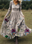 Women Floral Cotton And Linen V Neck Vintage Spring/Fall Party Maxi A-Line Dress