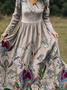 Women Floral Cotton And Linen V Neck Vintage Spring/Fall Party Maxi A-Line Dress