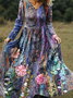 Women Floral Cotton And Linen V Neck Vintage Spring/Fall Party Maxi A-Line Dress