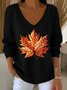 Women Maple Leaf V Neck Cotton Long Sleeve Casual Daily Spring/Fall Sweater