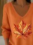 Women Maple Leaf V Neck Cotton Long Sleeve Casual Daily Spring/Fall Sweater