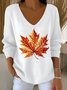 Women Maple Leaf V Neck Cotton Long Sleeve Casual Daily Spring/Fall Sweater