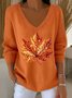 Women Maple Leaf V Neck Cotton Long Sleeve Casual Daily Spring/Fall Sweater