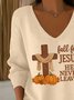 Women Jesus Copy V Neck Cotton Long Sleeve Casual Daily Spring/Fall Sweater