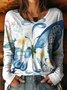 Women Floral Crew Neck Jersey Long Sleeve Vintage Holiday Spring/Fall T-shirt