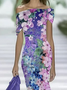 Women Floral Cold Shoulder Printing Vintage Summer Daily Maxi H-Line Dress