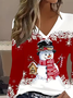 Women Christmas Snowman V Neck Jersey Long Sleeve Casual Daily Spring/Fall T-shirt