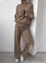 Women Plain Long Sleeve Top With Pants Casual Split Joint Spring/Fall Turtleneck Two-Piece Set