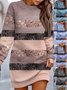 Women Striped Crew Neck Printing Hip Skirt Vintage Spring/Fall Daily Mini A-Line Dress