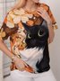 Cat & Floral Printed Casual Short Sleeve T-shirt