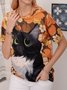 Cat & Floral Printed Casual Short Sleeve T-shirt